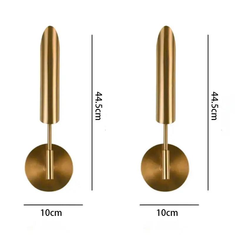 Brass-finished modern gold vertical led wall lamps with sleek cylindrical design and circular base for living room wall lamps lights