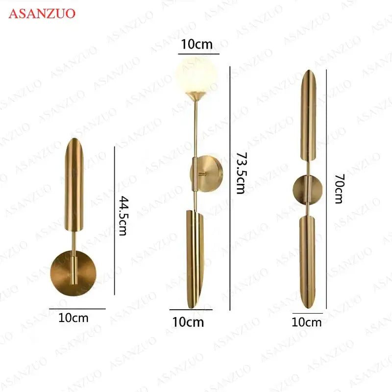 Modern gold vertical led wall lamp with brass finish and frosted glass globe for living room wall lamps lights