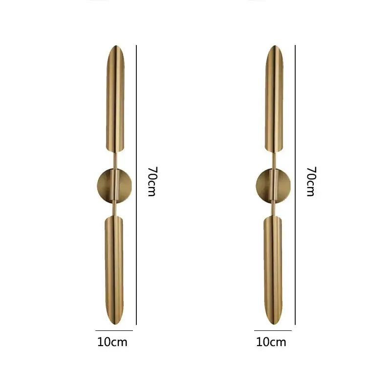 Brass-finished modern gold vertical led wall lamps with two cylindrical rods for living room wall lamps lights
