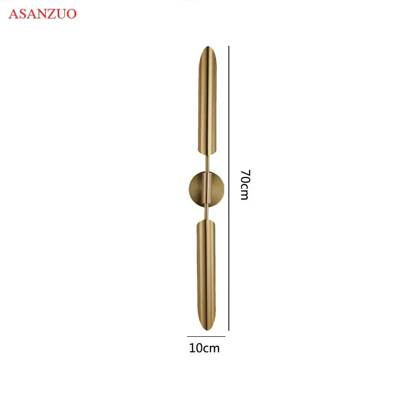 Modern gold vertical led wall lamps features gold-toned asanzuo wall sconce with sleek cylindrical arms for living room lighting