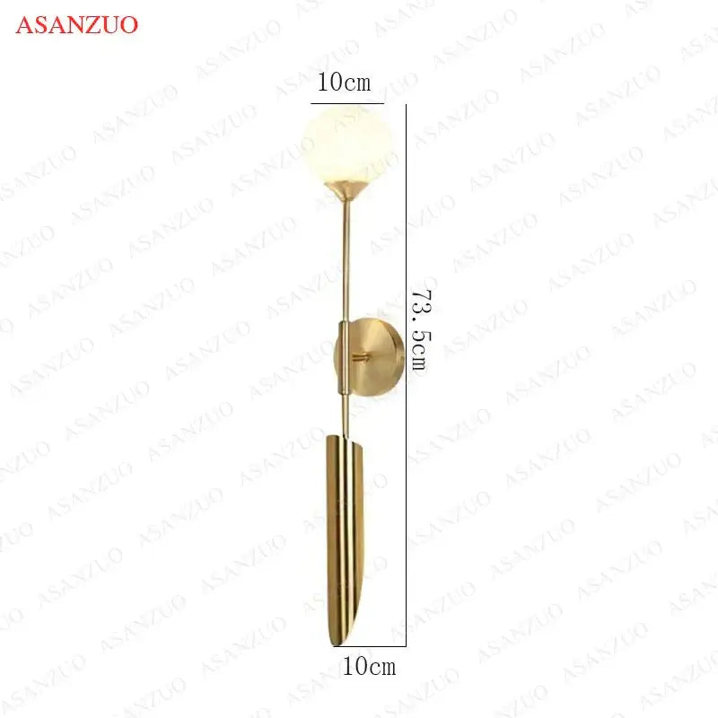 Modern gold vertical led wall lamps featuring a gold-toned metal frame with frosted glass globe for living room lighting