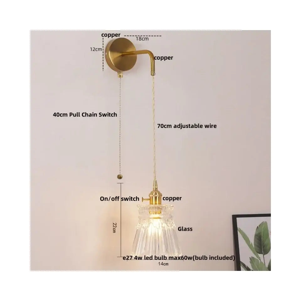 Modern gold wall lamp with clear glass shade brass copper finish and pull chain switch for bedroom decorbites clear glass