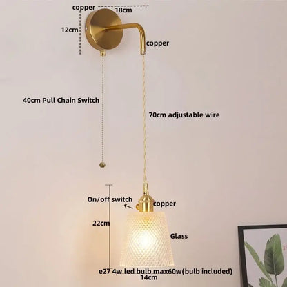 Modern gold wall lamp with clear glass shade brass finish and adjustable 70cm wire for bedroom decorbites clear glass