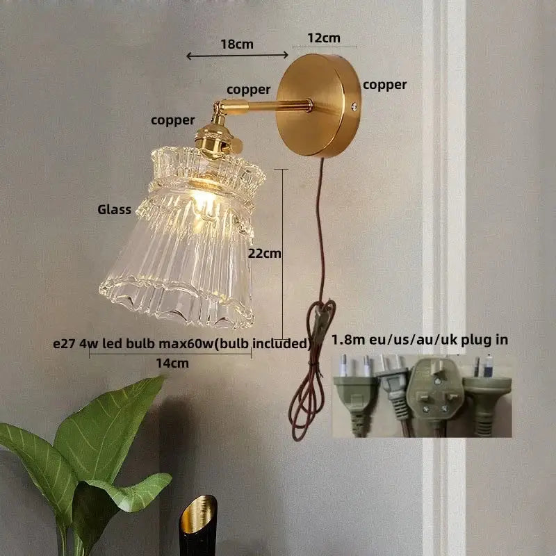 Modern gold wall lamp with clear glass shade brass copper finish and e27 led bulb for bedroom decorbites clear glass