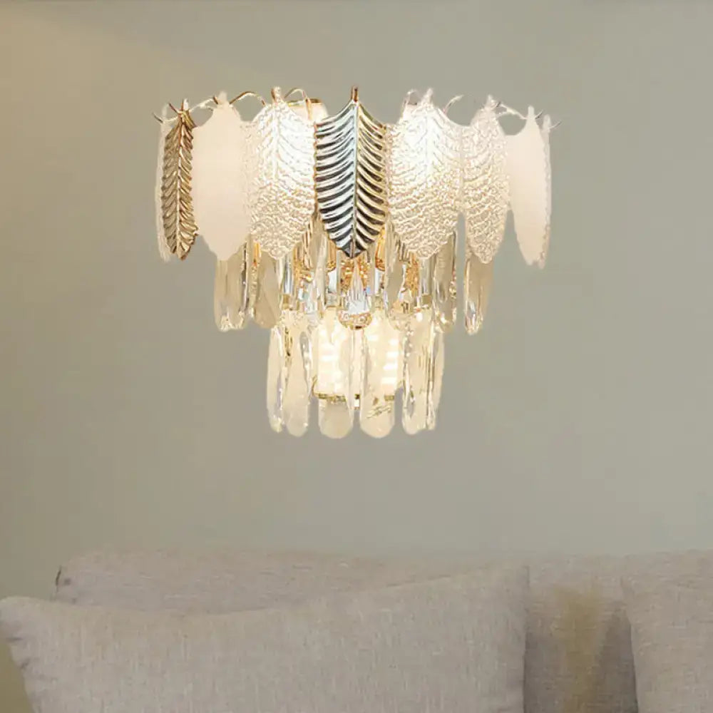 Elegant modern gold wall light with acrylic leaves featuring frosted glass panels and crystal droplets e12 e14 bedroom sconce