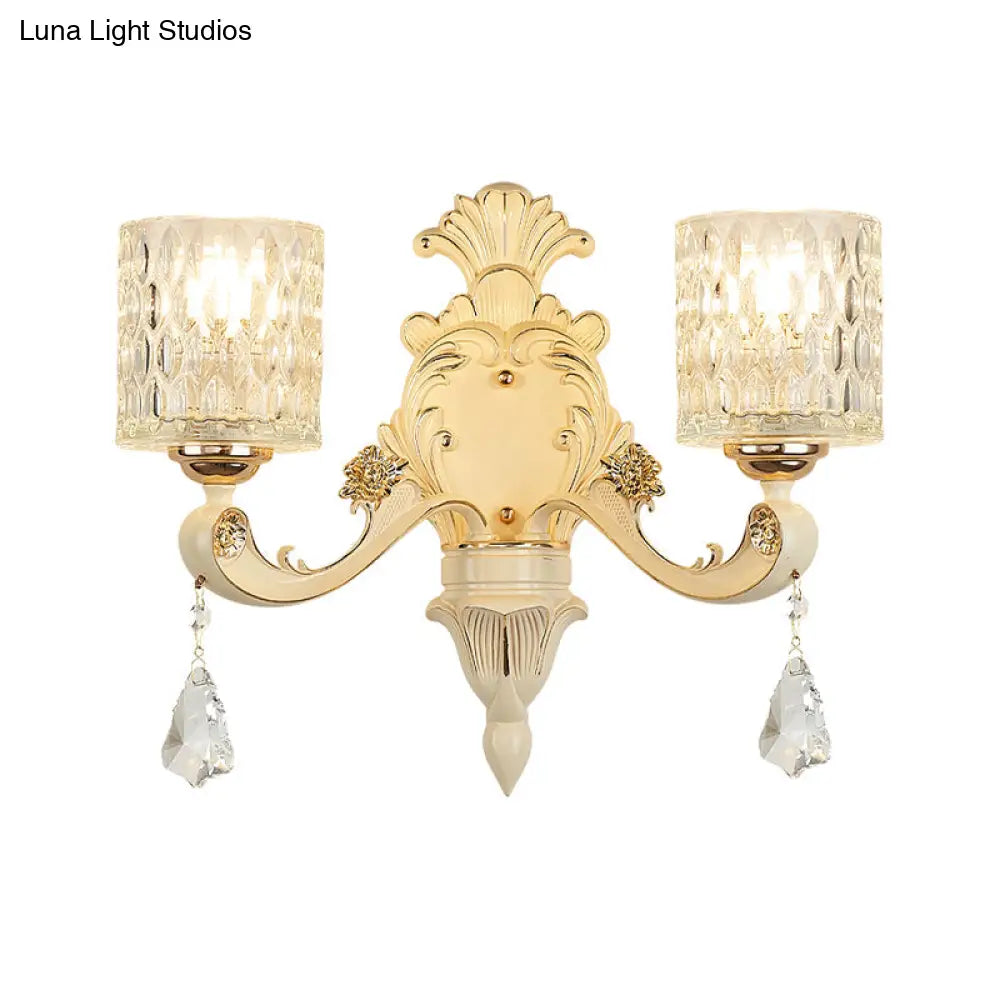 Aplique de pared cilíndrico moderno DecorBites™ dorado con cristal transparente texturizado y colgante de cristal - 1/2 cabezales