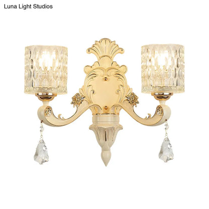 Aplique de pared cilíndrico moderno DecorBites™ dorado con cristal transparente texturizado y colgante de cristal - 1/2 cabezales