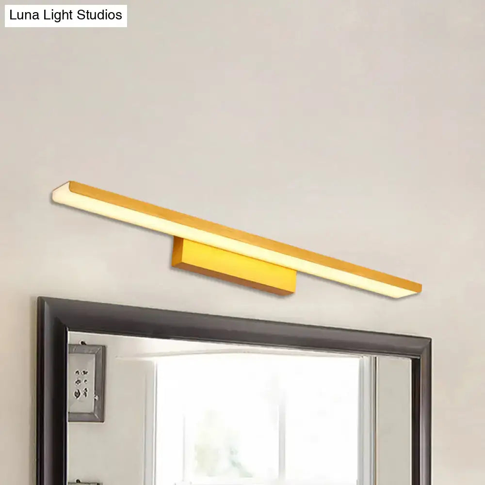 Modern gold wall mounted led vanity light with aluminum slim rectangular design providing warm white light above mirror