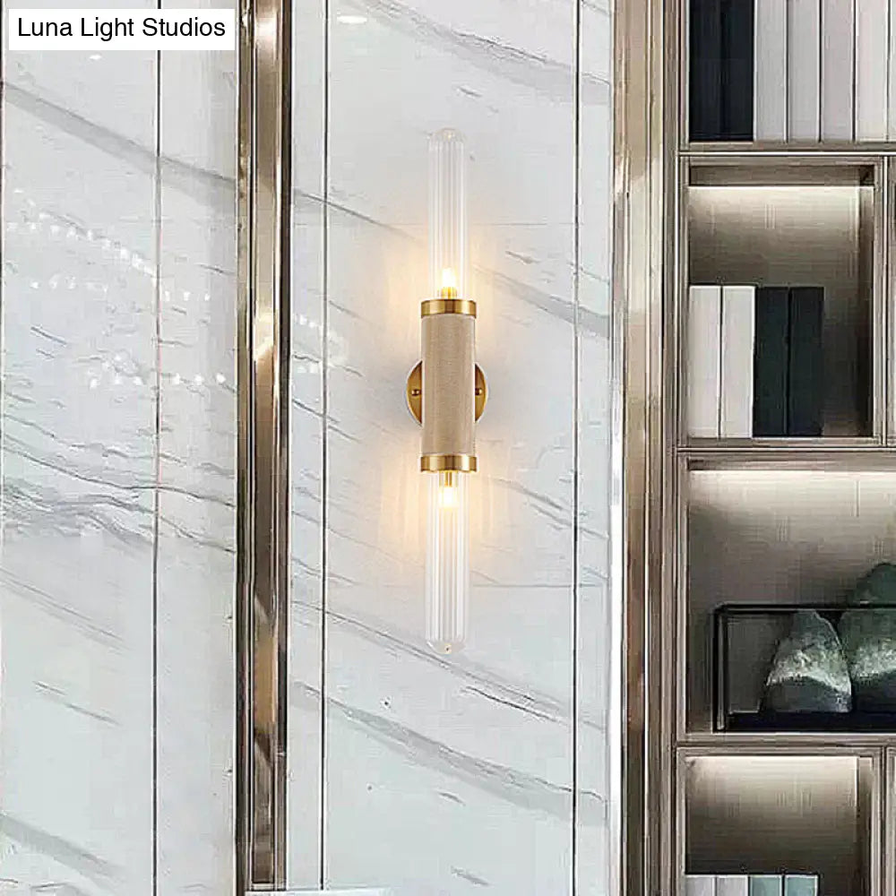 DecorBites™ DecorBites™ Modern Gold Wall Sconce with Fluted Glass and Dual Tubular Heads