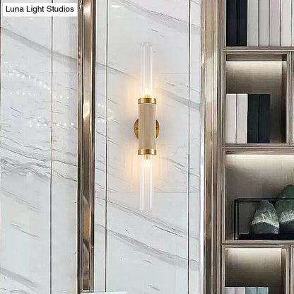 DecorBites™ DecorBites™ Modern Gold Wall Sconce with Fluted Glass and Dual Tubular Heads