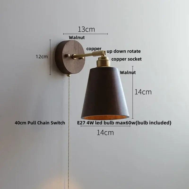 Modern gold walnut wall sconce with pull chain switch featuring dark walnut finish copper arm and adjustable design