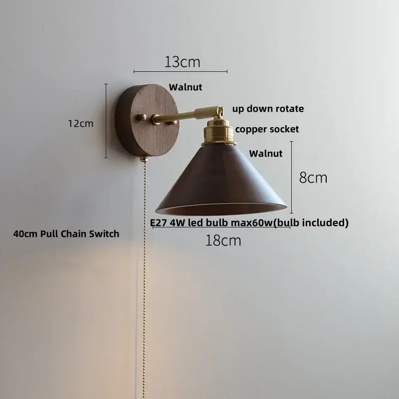 Modern gold walnut wall sconce with brass copper socket, conical shade, and pull chain switch for bedroom lighting
