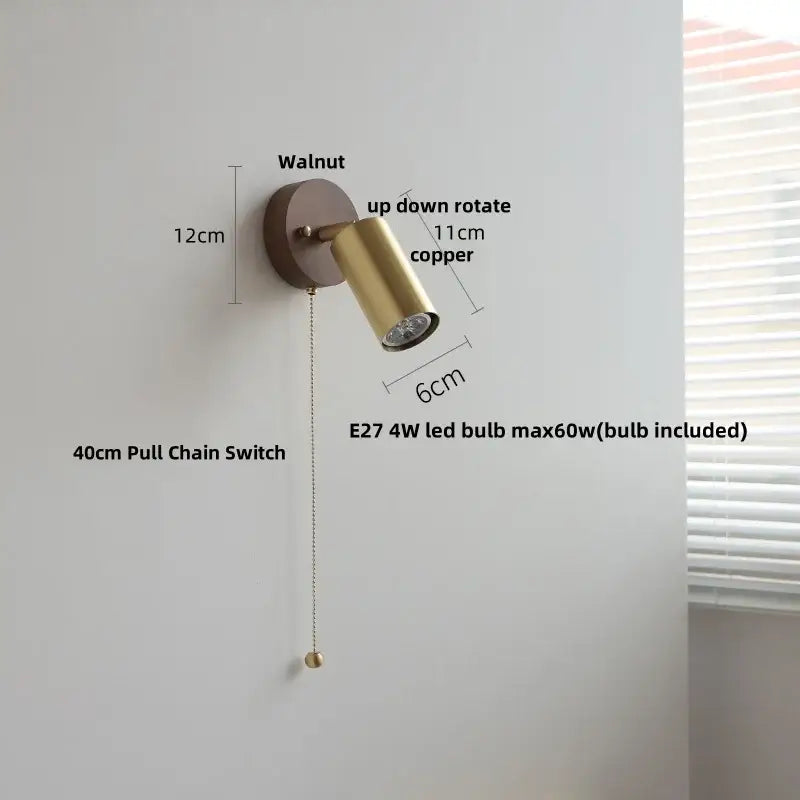 Modern gold wall sconce with copper spotlight, walnut wall plate, pull chain switch, and included e27 led bulb
