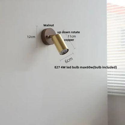 Modern gold walnut wall sconce with copper finish, pull chain switch, and adjustable up-down rotation for bedroom lighting