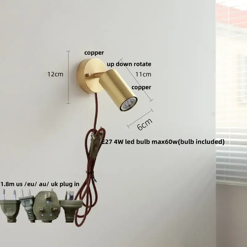 Brass-finished copper wall sconce with adjustable spotlight and pull chain switch includes e27 4w led bulb