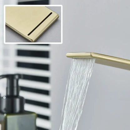 Modern gold waterfall basin faucet with brushed metal finish and sleek design by decorbites basin faucet for bathroom decor
