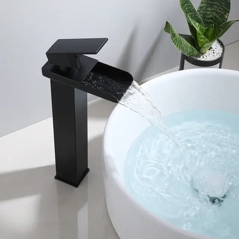 Modern gold waterfall basin faucet with black matte finish and sleek design for bathroom decorbites gold waterfall tap