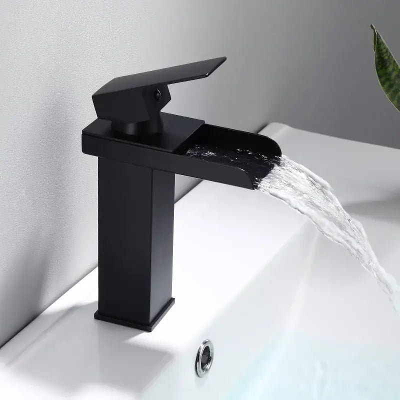 Modern gold waterfall basin faucet featuring a sleek black matte finish waterfall basin faucet decorbites gold waterfall design