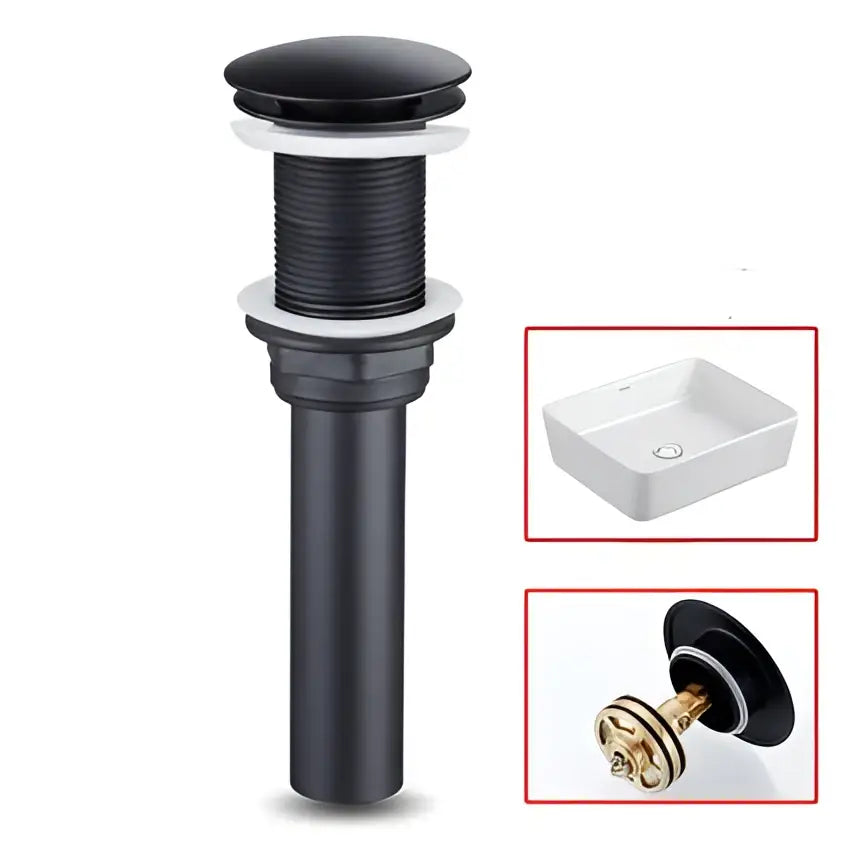 Black matte-finish bathroom sink drain with ribbed texture paired with decorbites gold waterfall basin faucet