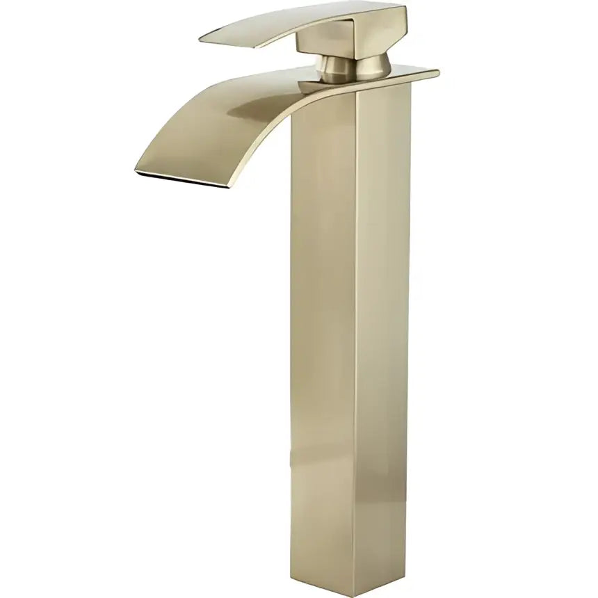 Modern gold waterfall basin faucet with brushed nickel finish and sleek rectangular spout for bathroom decorbites gold waterfall design