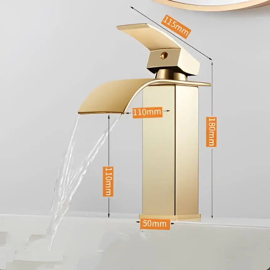 Modern gold waterfall basin faucet with sleek design and precise dimensional markings by decorbites gold waterfall