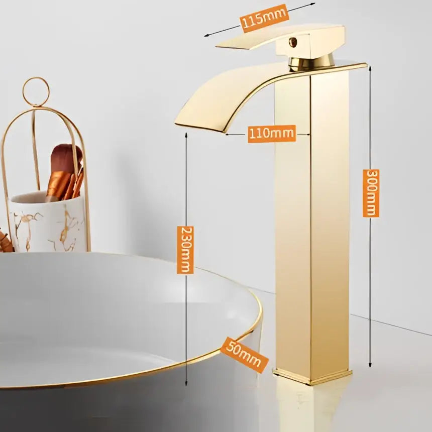Modern gold waterfall basin faucet with gold finish and sleek rectangular spout for contemporary bathroom decorbites gold waterfall