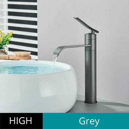 Modern grey matte-finish high-arc basin faucet with sleek minimalist design from decorbites basin faucet collection