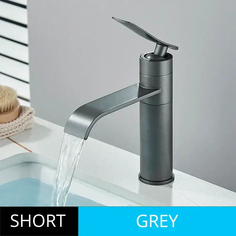 Modern grey matte-finish decorbites basin faucet with sleek minimalist design and waterfall spout for bathroom mixers