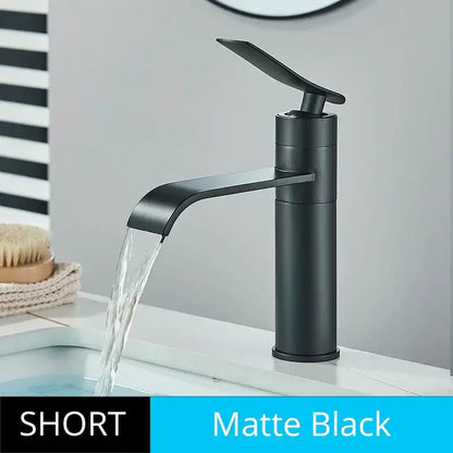 Matte black short waterfall basin faucet with sleek modern design by decorbites for stylish bathroom decorbites basin faucet