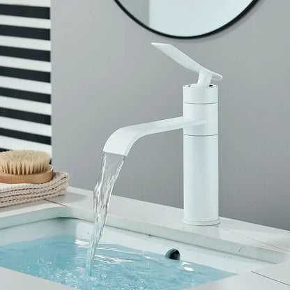 Modern white ceramic decorbites basin faucet with sleek minimalist design and waterfall spout for bathroom use
