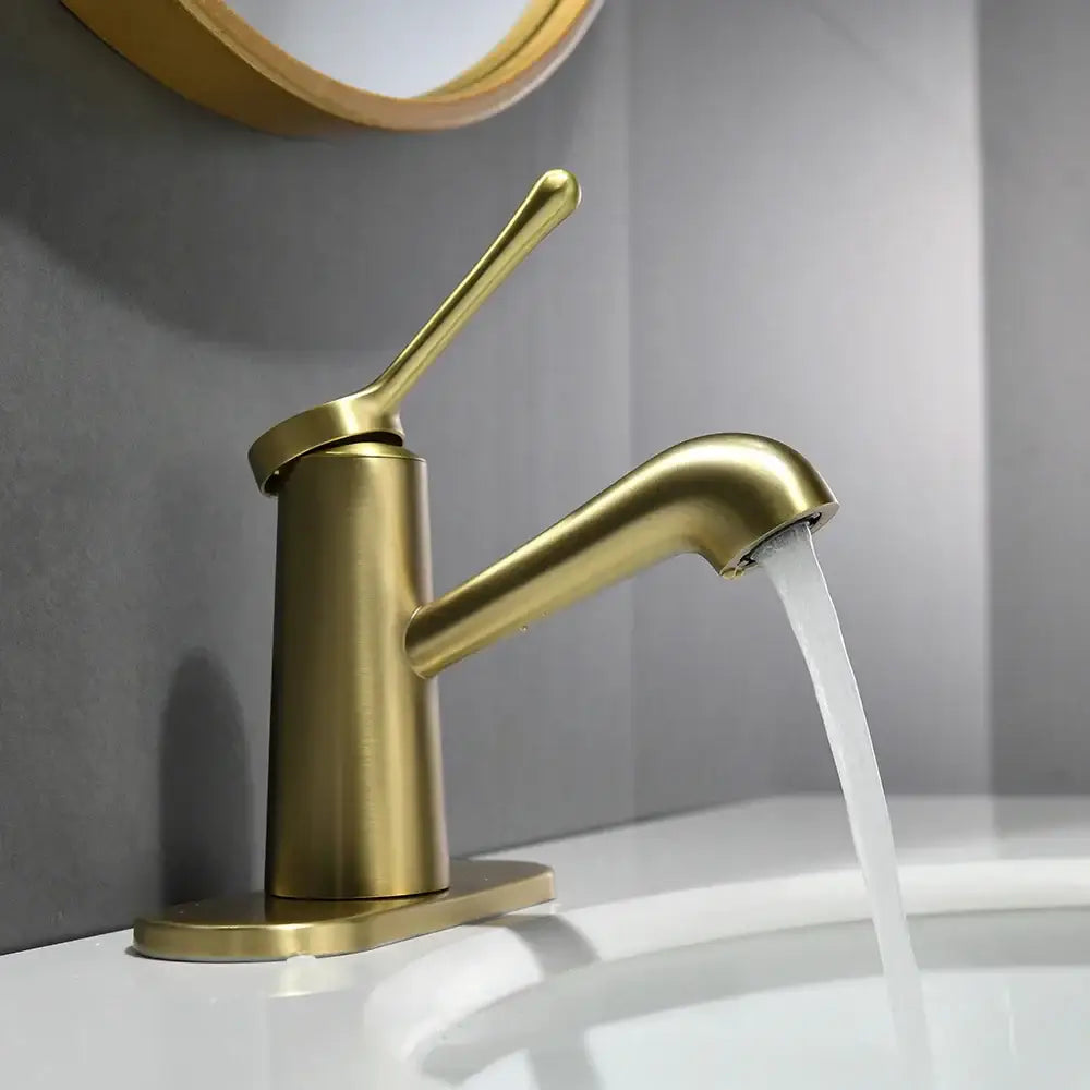 Modern gold waterfall basin faucet with brass finish single handle and curved spout for bathroom decorbites gold waterfall