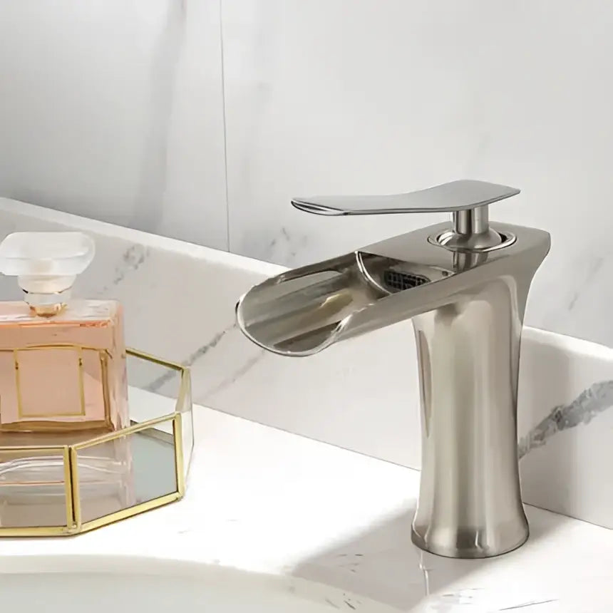 Modern brushed nickel basin faucet with sleek curved spout and minimalist design for decorbites gold waterfall decor