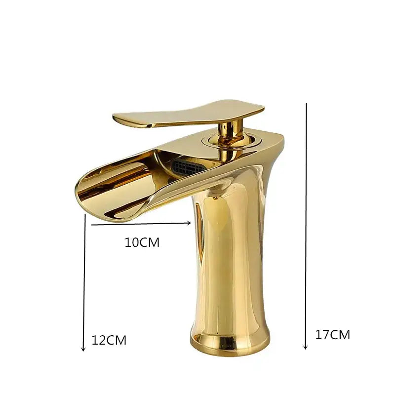 Modern gold waterfall basin faucet with sleek waterfall-style design and polished decorbites gold finish for bathroom