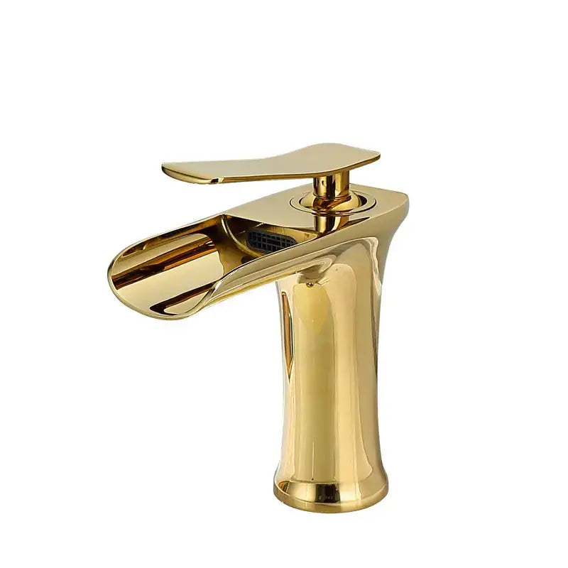 Modern gold waterfall basin faucet with sleek single lever tap and polished finish by decorbites gold for bathroom use