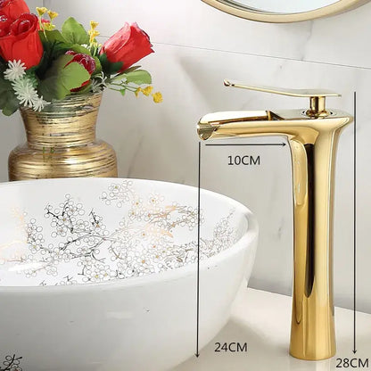 Modern gold waterfall basin faucet by decorbites with a sleek gold-finished single lever tap for bathroom use