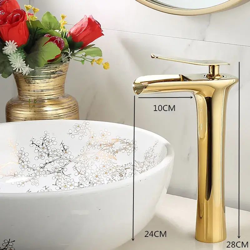 Modern gold waterfall basin faucet by decorbites with a sleek gold-finished single lever tap for bathroom use