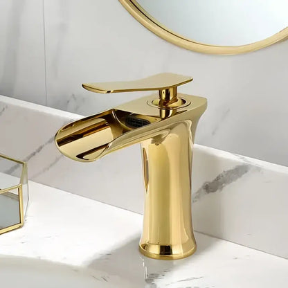 Modern gold waterfall basin faucet with single lever tap in gold finish by decorbites for bathroom use