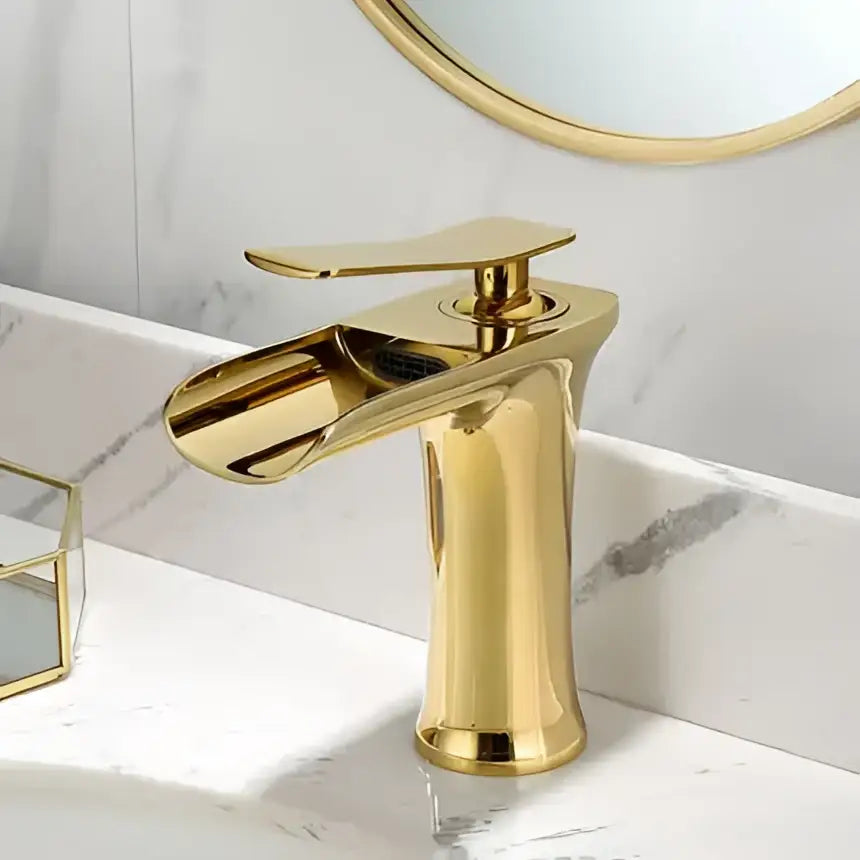 Modern gold waterfall basin faucet with single lever tap in gold finish by decorbites for bathroom use
