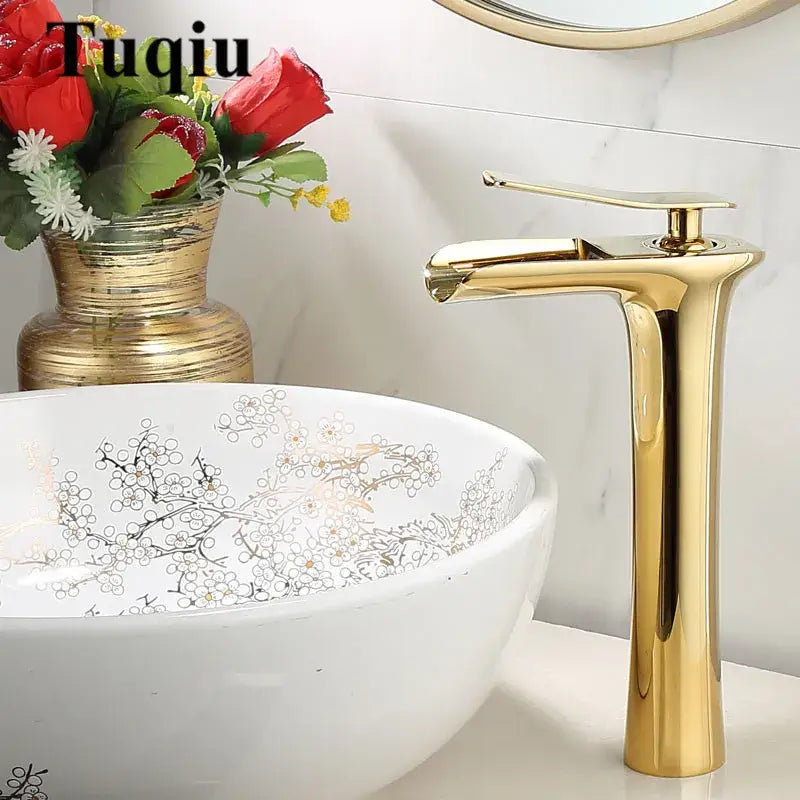 Modern gold waterfall basin faucet with sleek tall design and single lever handle by decorbites gold for bathroom use