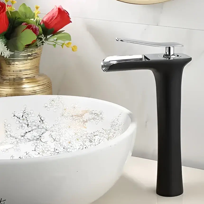 Modern black matte basin faucet with chrome accents featuring sleek minimalist design for decorbites gold waterfall tap