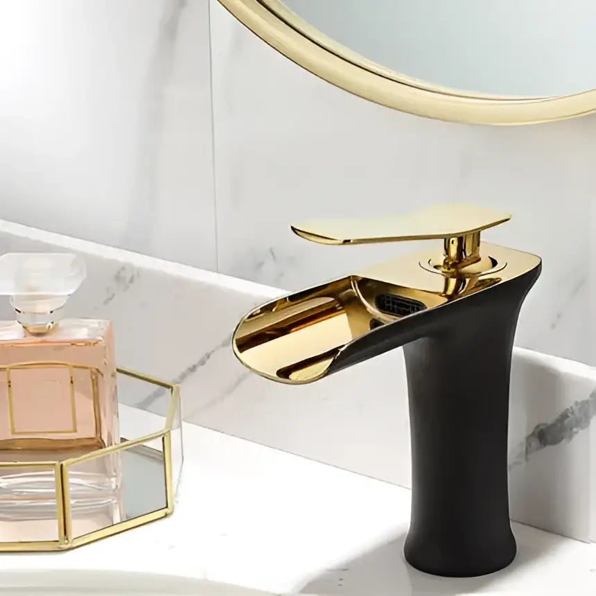 Modern gold waterfall basin faucet with black two-tone finish and single lever tap by decorbites gold waterfall