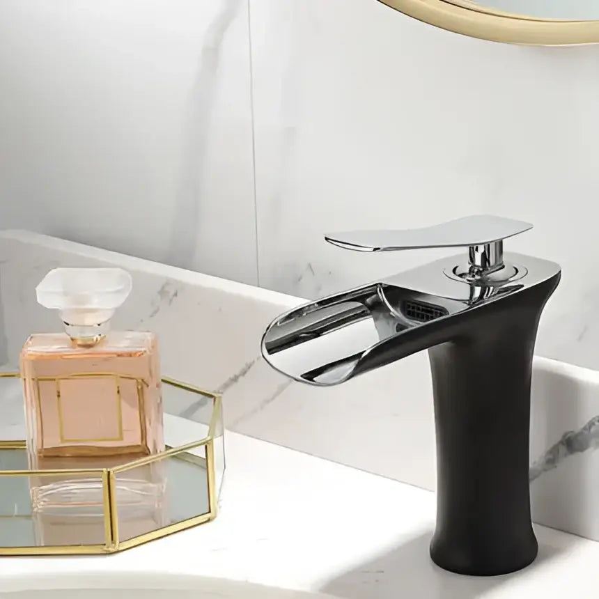 Modern gold waterfall basin faucet with chrome finish sleek design and black matte base by decorbites gold waterfall