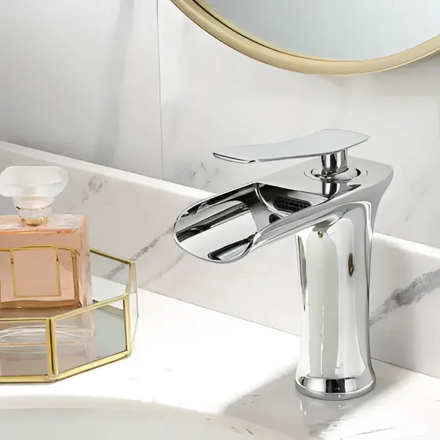 Modern gold waterfall basin faucet with chrome finish and sleek design by decorbites gold for stylish bathroom use