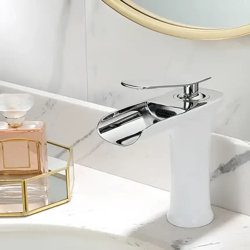 Modern decorbites gold waterfall basin faucet with chrome finish cylindrical base and sleek single lever design