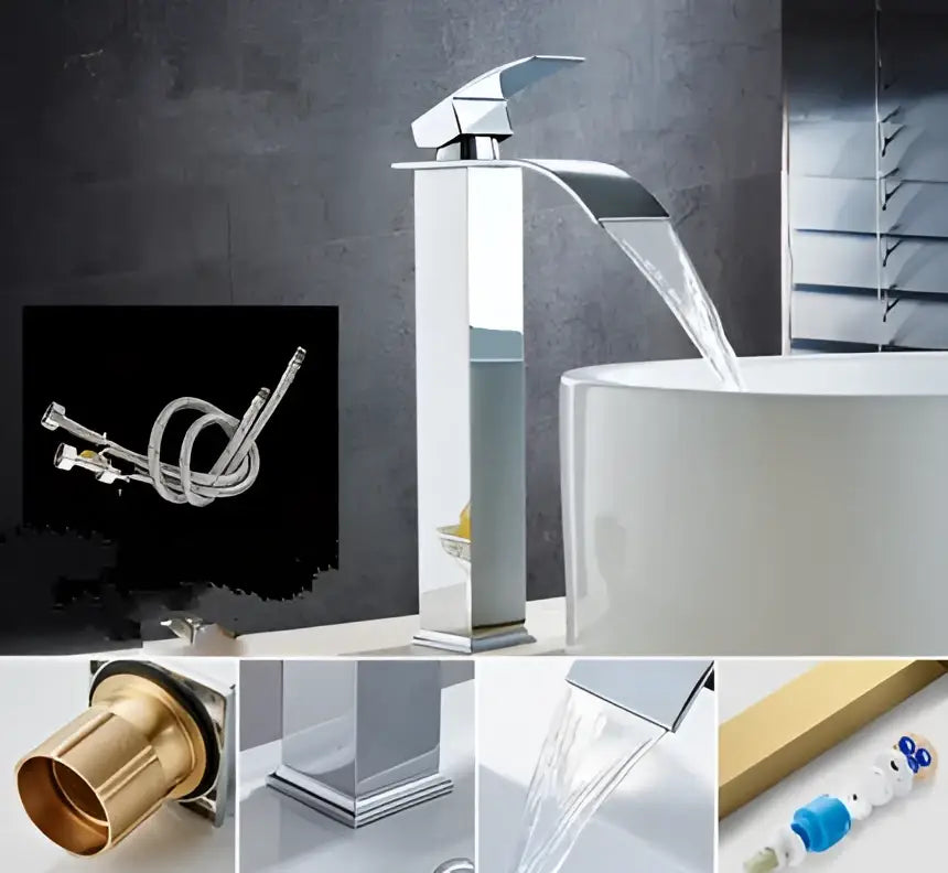 Modern chrome-finished basin faucet with sleek angular design and integrated spout perfect for decorbites gold waterfall basin