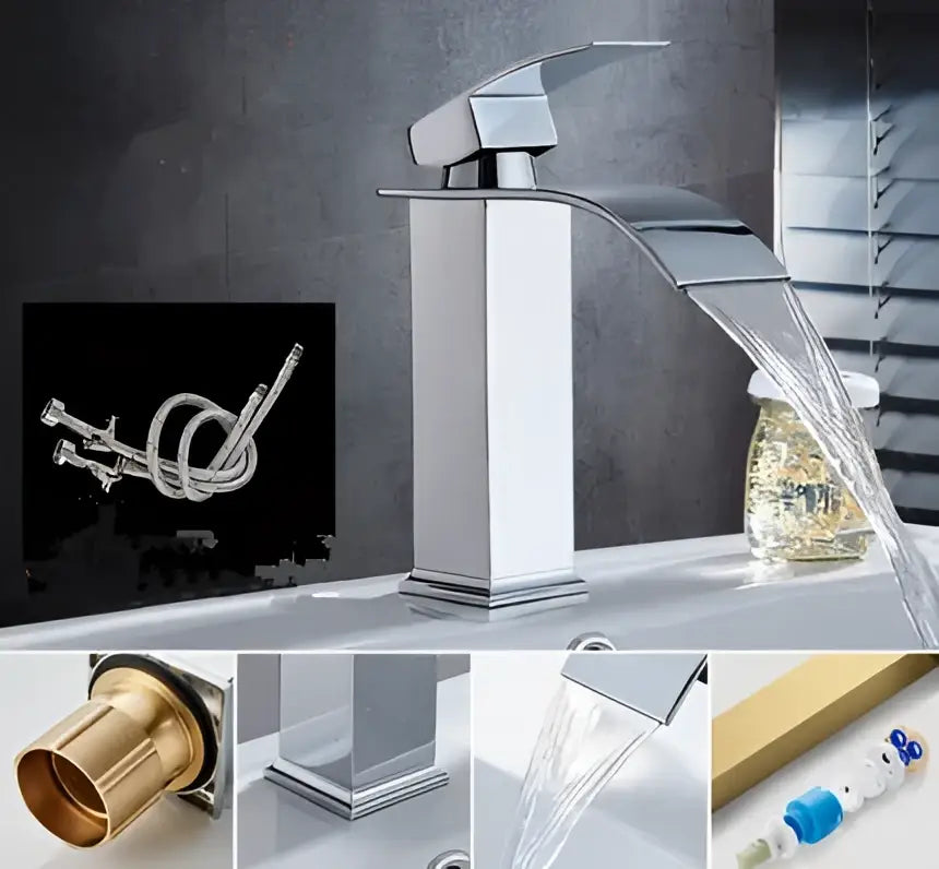 Modern chrome-finished basin faucet with sleek angular design and polished metallic finish for bathroom sink decorbites gold waterfall basin