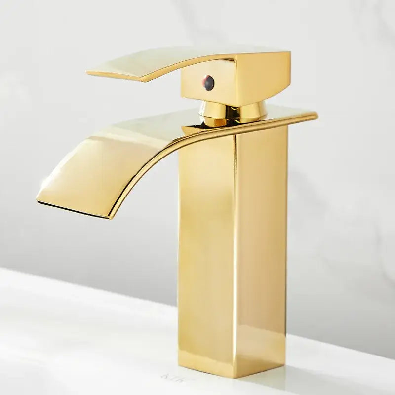 Modern gold waterfall basin faucet with sleek rectangular spout and handle for bathroom sink decorbites gold waterfall