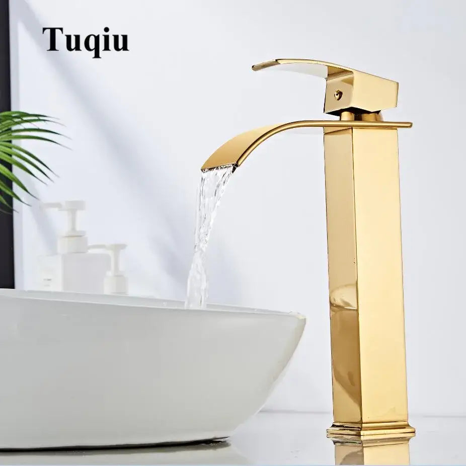Modern gold waterfall basin faucet with sleek rectangular design and polished finish for bathroom sink decorbites gold waterfall