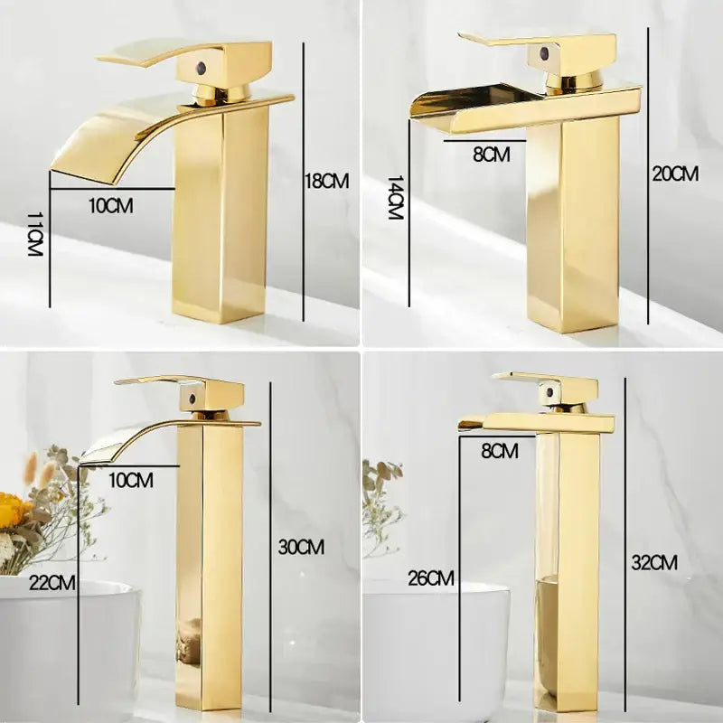 Modern gold waterfall basin faucet with gold finish, sleek rectangular base, and curved spout in various heights decorbites gold waterfall