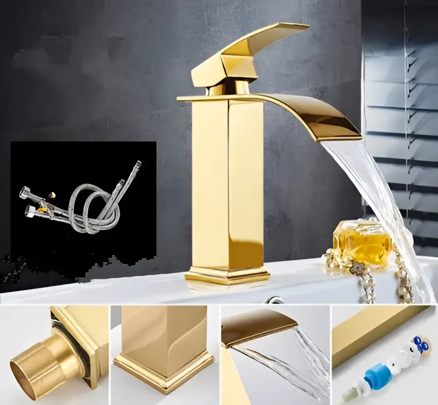 Modern gold waterfall basin faucet with gold finish sleek rectangular spout and square base for bathroom sink decorbites gold waterfall